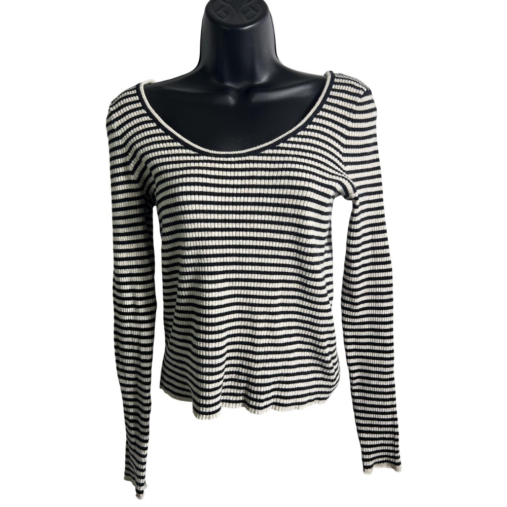 Universal Thread Shirt Womens XL Black White Striped Ribbed Long Sleeve Scoop‎